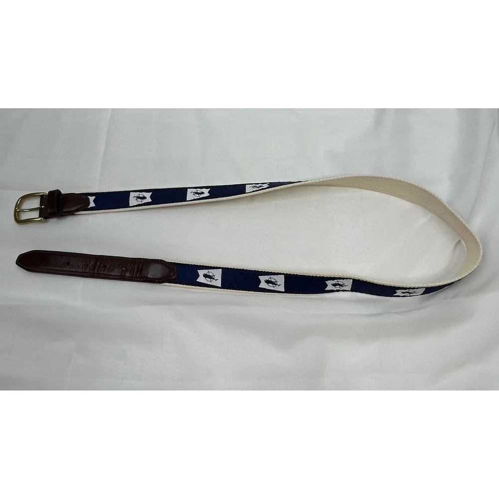 YRI Ribbon Belt Nantucket Burgee Leather Tab Brass Buckle Men's42 Navy Blue Read